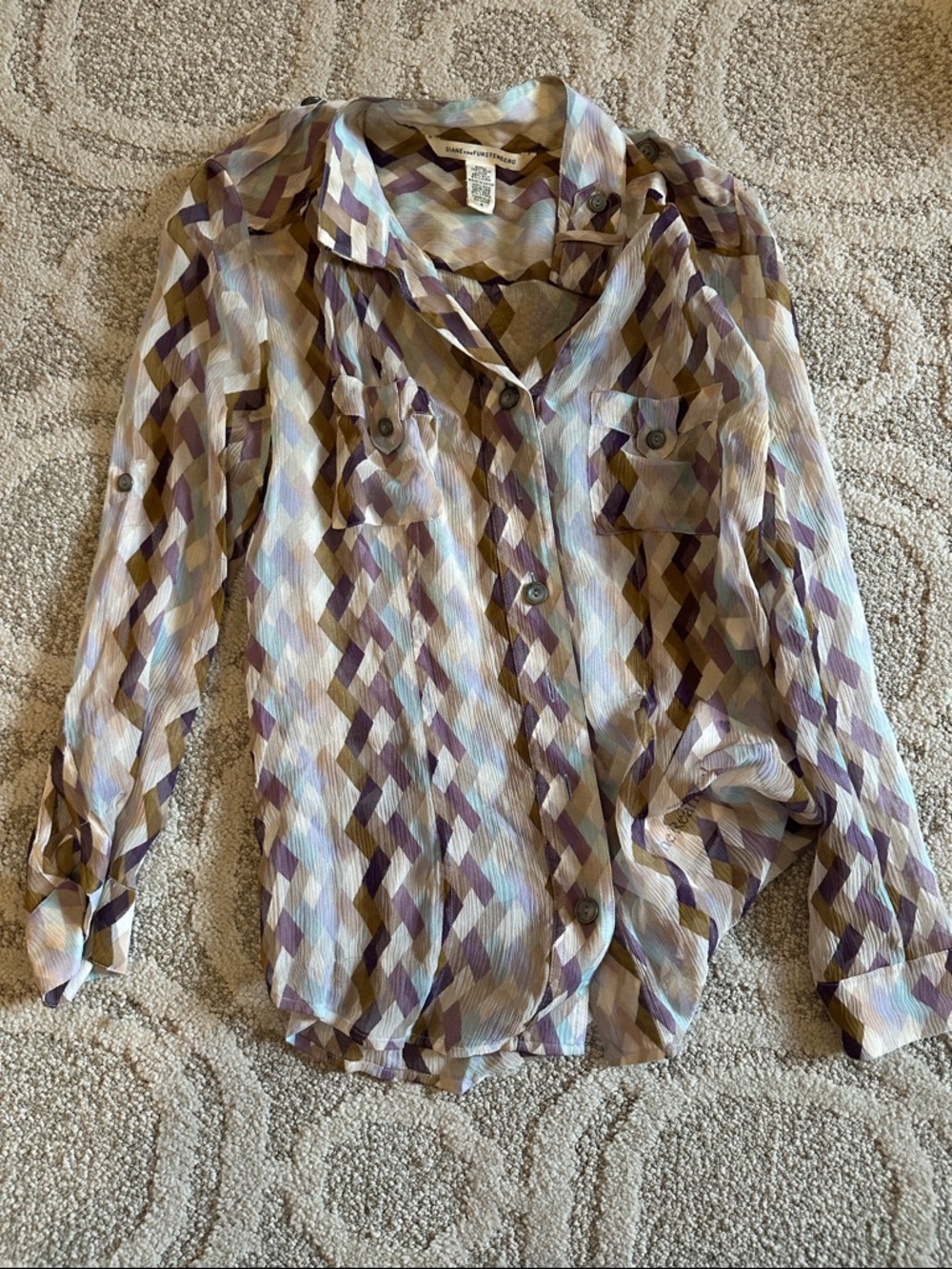 Diane Von Furstenberg Geometric Button-Down Blouse in Lavender and Olive